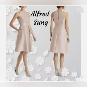 Alfred Sung Cocktail Dress Womens Size 14 Nude Beige Tan Satin High Neck Pocket